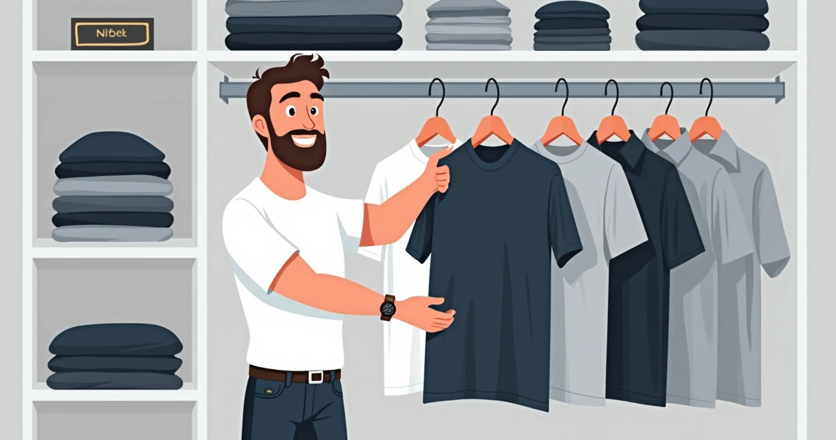 Guarda-roupa masculino organizado com camisetas básicas dobradas em tons neutros