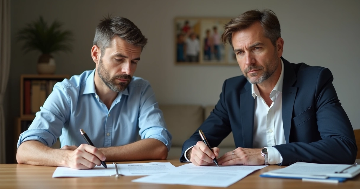 Pai e filho sentados à mesa com documentos legais à sua volta.
