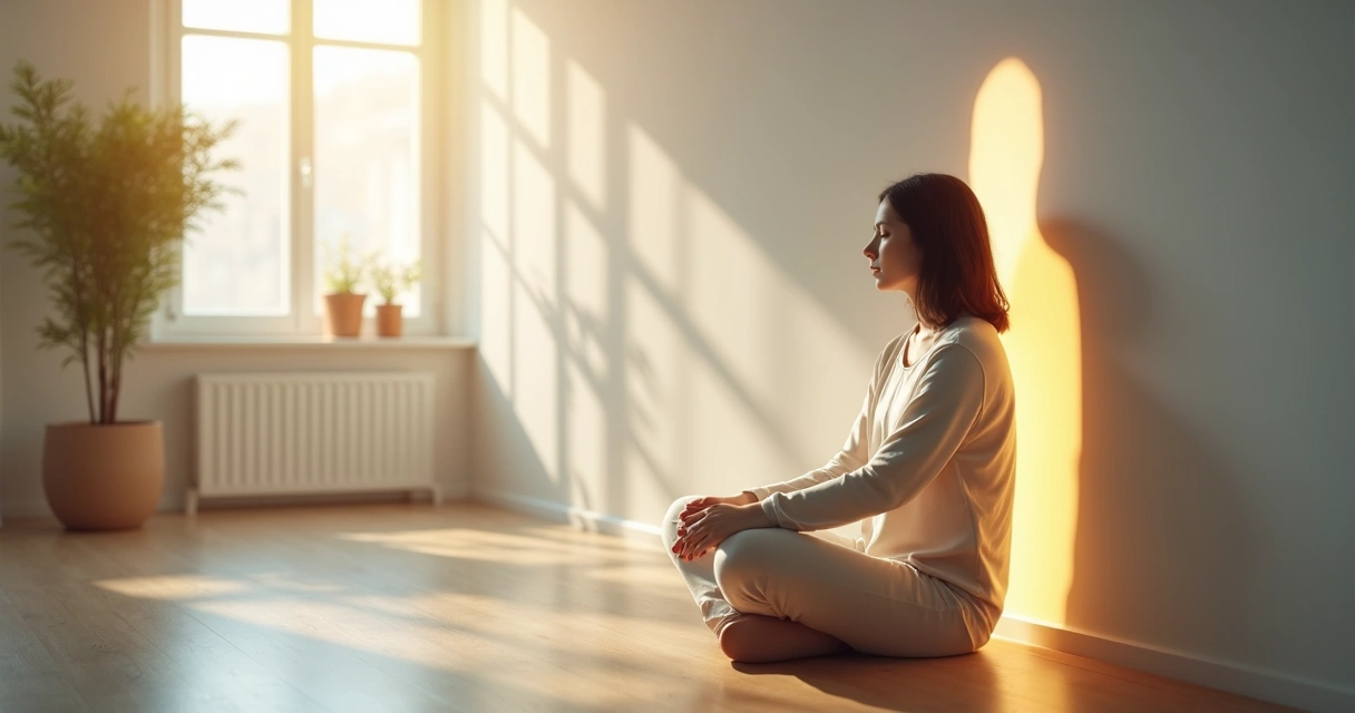 Pessoa adulta com silhueta luminosa protetora criando limite emocional suave 