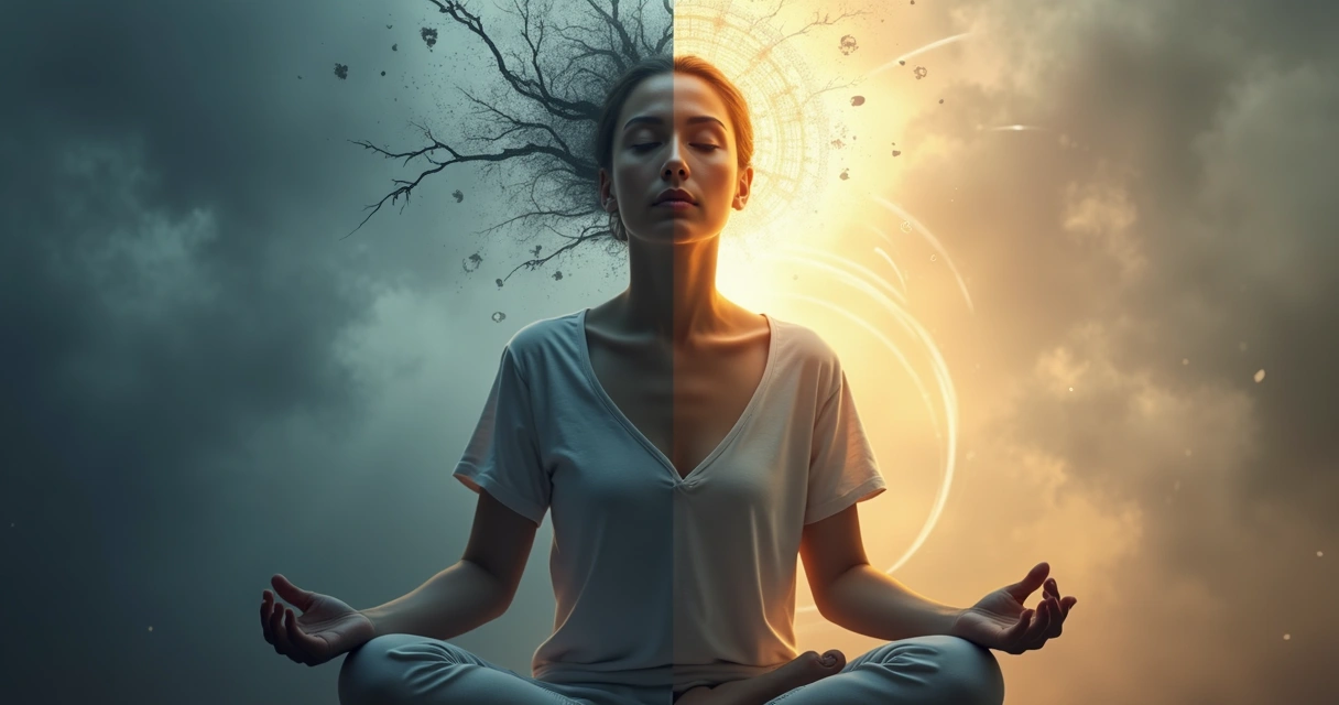 Pessoa de olhos fechados dividida entre sombras agitadas e luz serena no fundo 