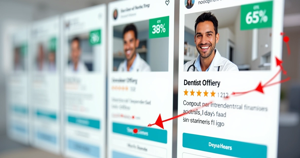 Estoque de dentistas em marketplace competindo lado a lado, cada um exibindo promoções e avaliações.
