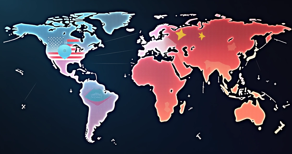 Mapa estilizado da América Latina com linhas digitais conectando China e Estados Unidos 