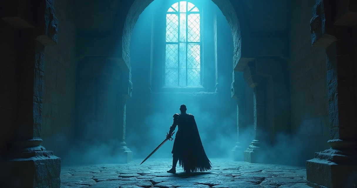 Guerreiro em armadura enfrenta inimigo no interior de um castelo escuro com tochas e iluminação azul.