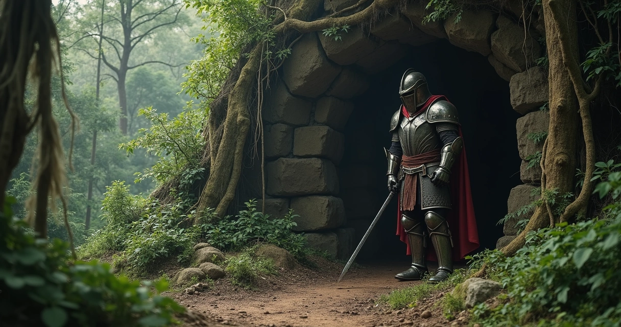 Guerreiro tibiano em armadura completa diante da entrada de uma caverna em ambiente de floresta densa 