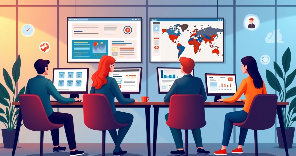 Equipe sindical organizando campanha digital em escritório moderno