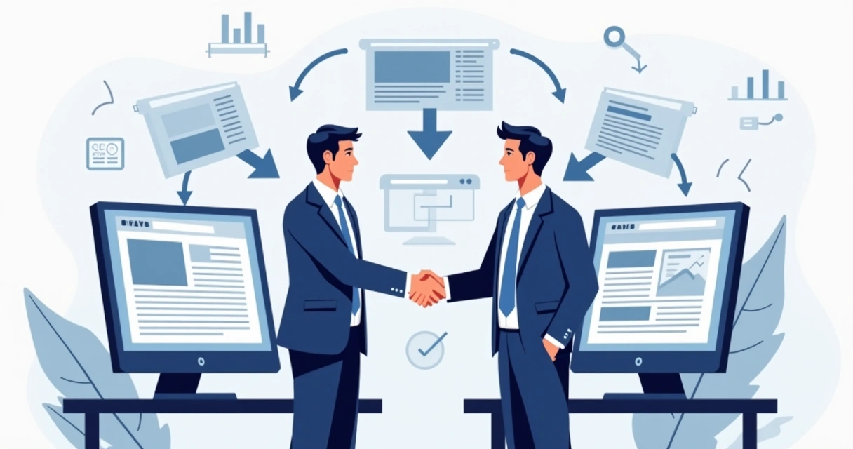 Two people handshake in front of computer screens with web content and arrows connecting blogs 