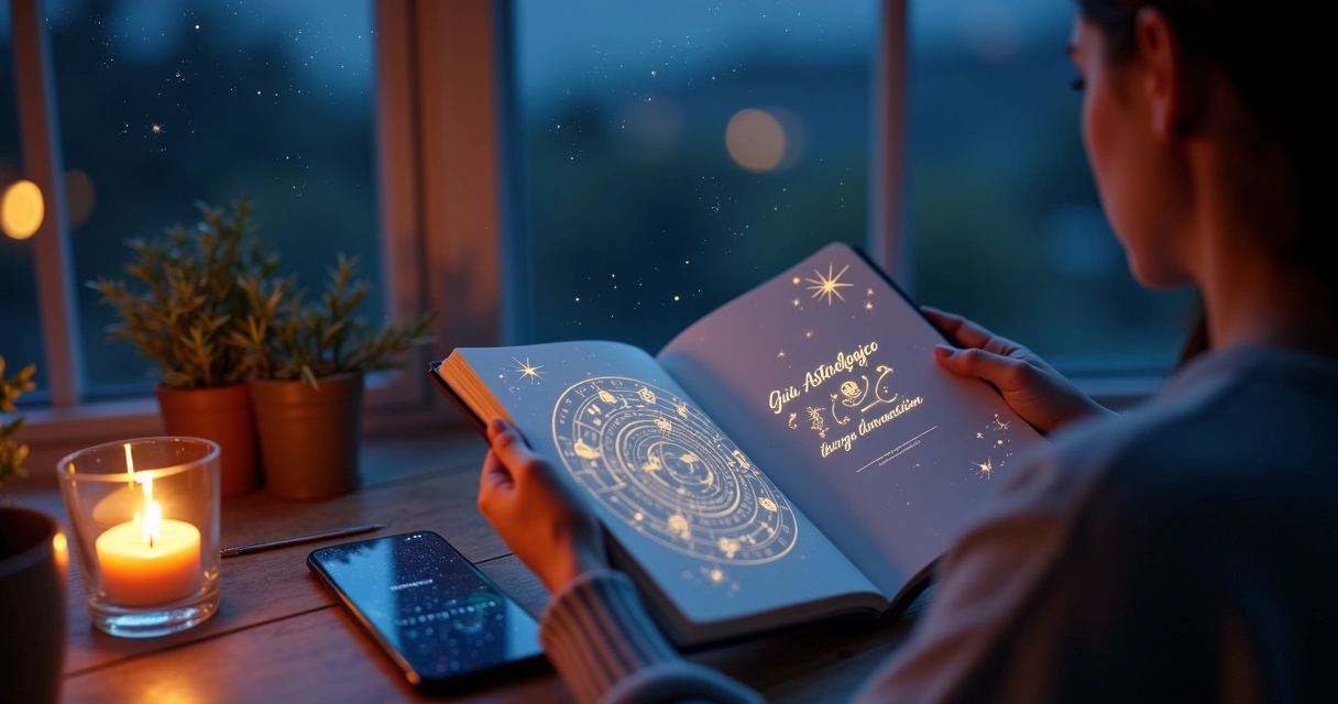 Mulher segurando planner astrológico de 2026 sob céu estrelado com signos do zodíaco 