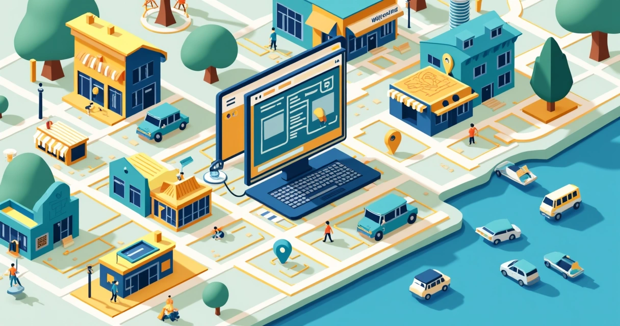 Guia visual colorido de bairros e locais comerciais destacados no mapa urbano 