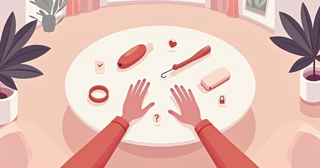 Ilustração de mãos de casal escolhendo brinquedos eróticos discretos sobre uma mesa 