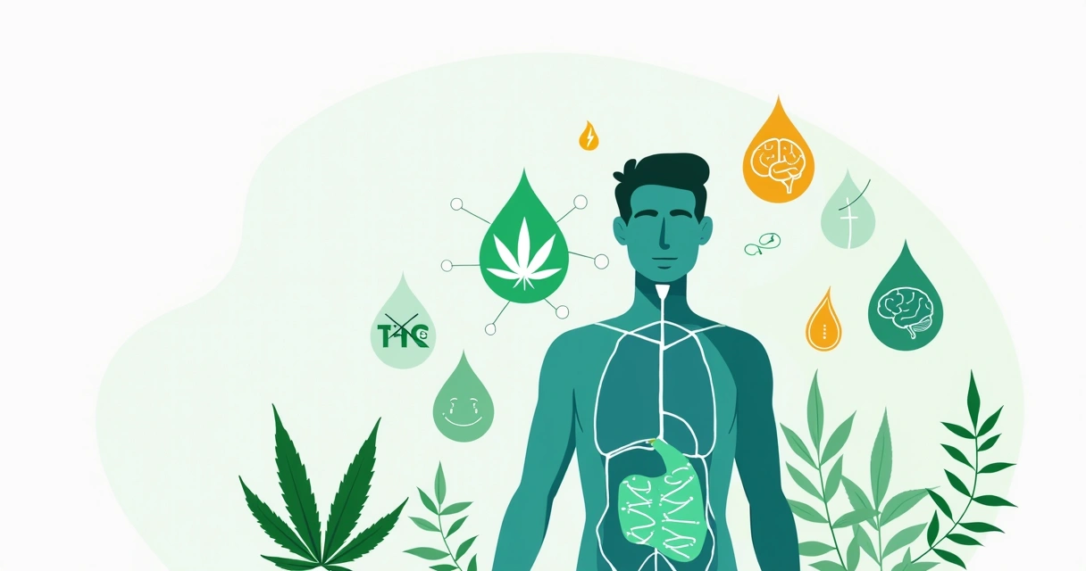 Ilustração plana de guia sobre cannabinoides com THC e CBD em destaque 