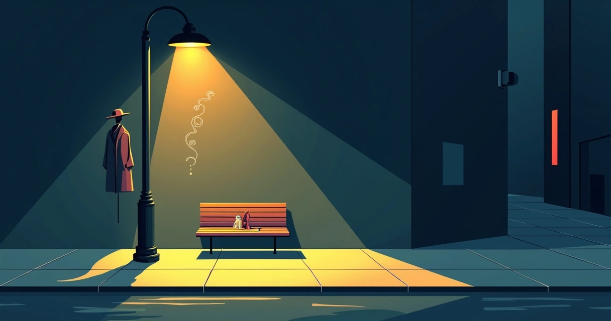 Elementos visuais de cinema noir destacados em cena urbana noturna estilizada 