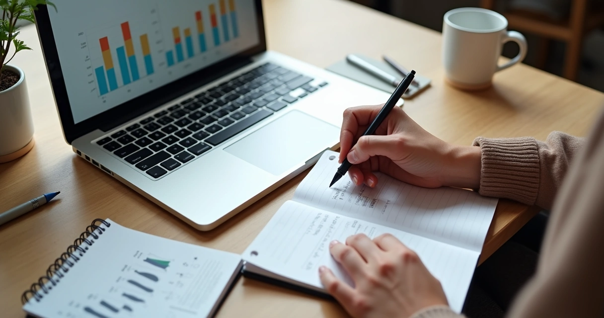 Pessoa anotando tópicos em um bloco de notas ao lado de um notebook aberto com gráficos na tela 