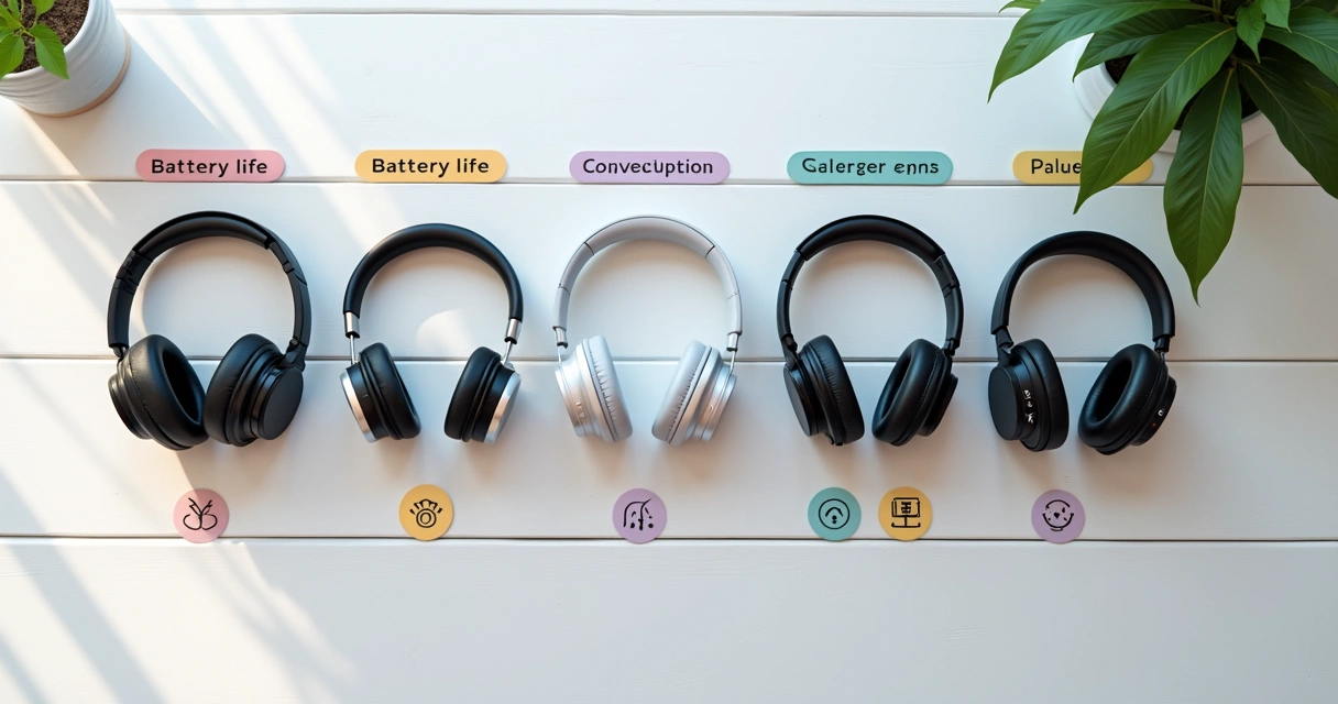 Guia visual de fones de ouvido lado a lado, destacando recursos e especificações 