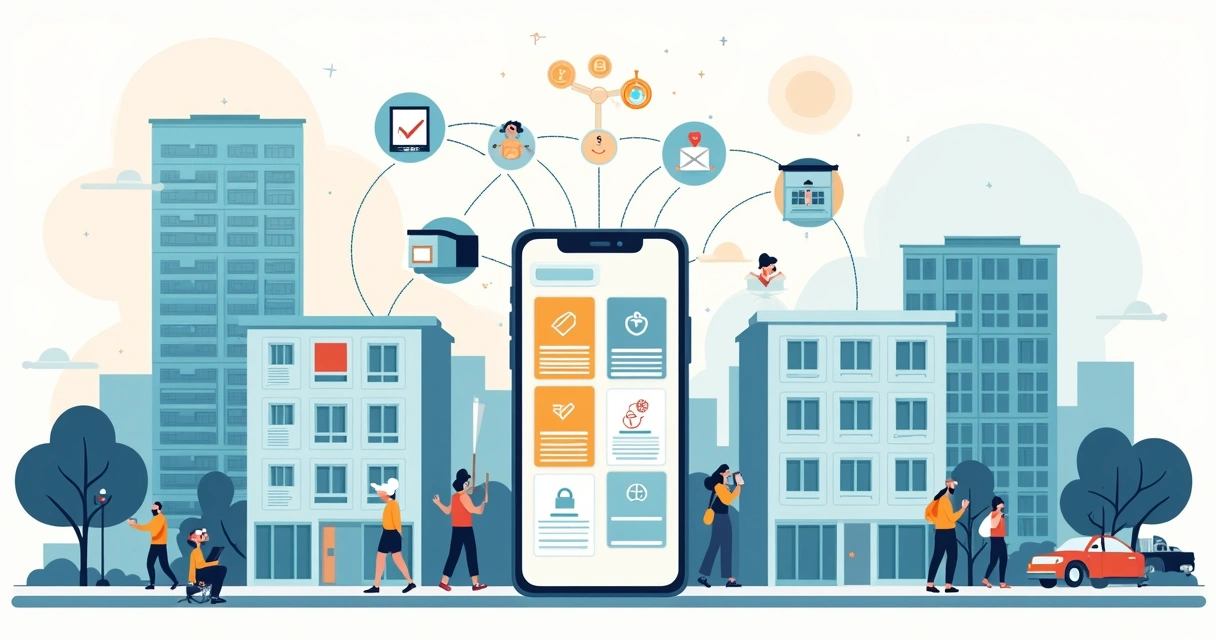 Ilustração de condomínio com prédios e casas conectados por ícones digitais de gestão 