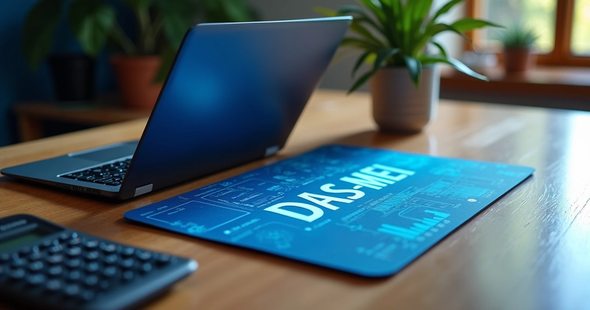 Boleto DAS-MEI impresso em mesa de escritório com laptop e calculadora ao lado 