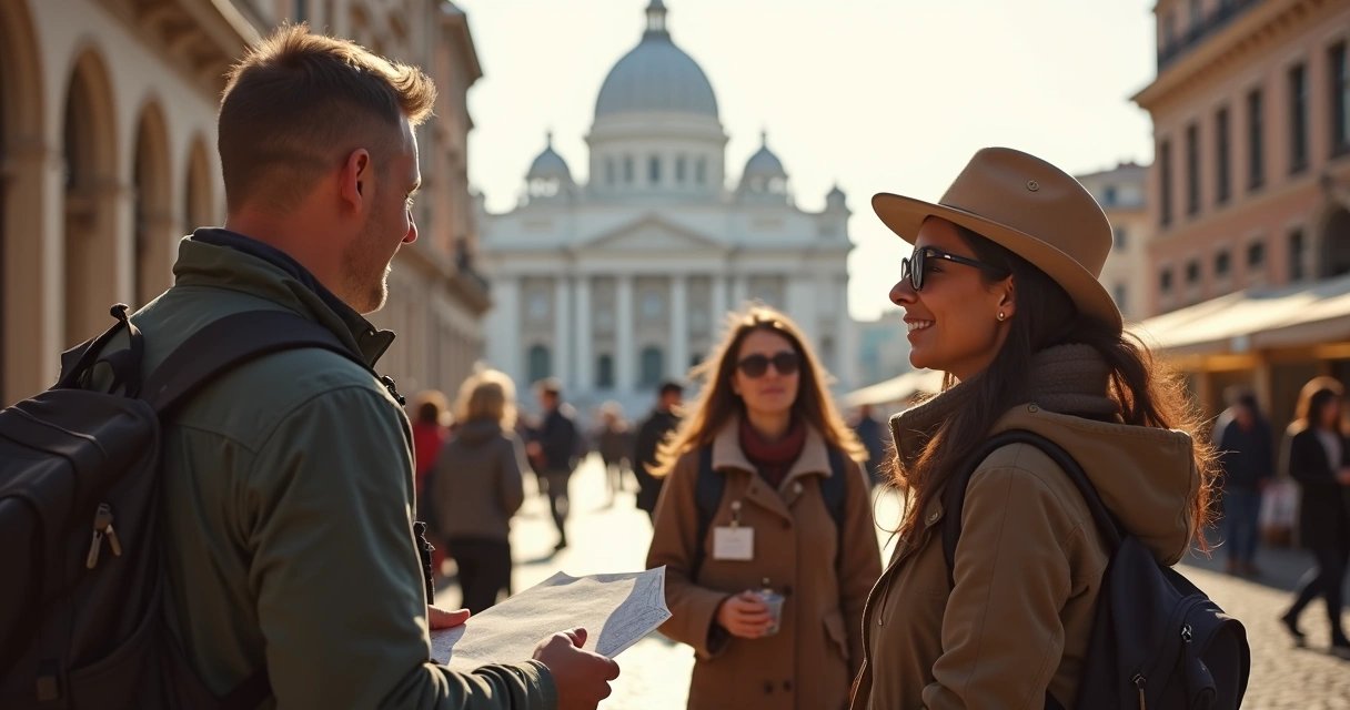 Guia turístico explicando um ponto histórico para grupo de viajantes 