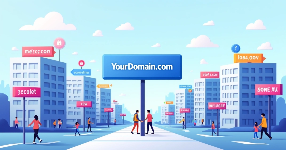 Conceito de domínio na internet com avatares caminhando por ruas digitais cheias de placas de sites 