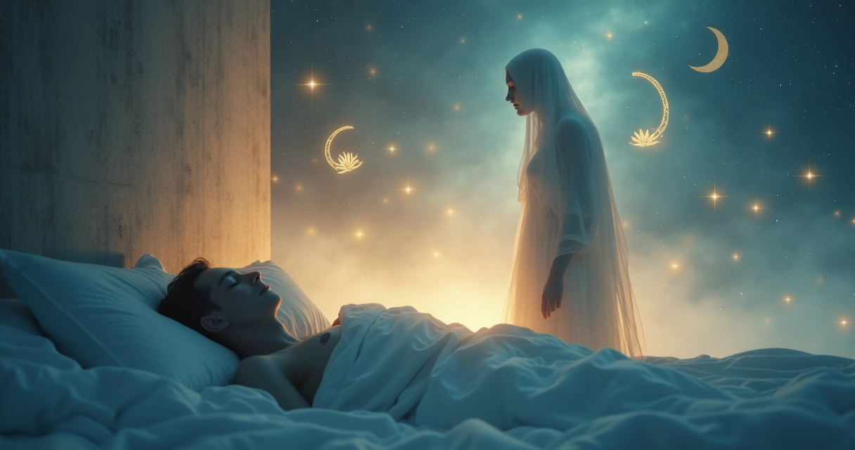 Figura luminosa guiando pessoa em sonho 