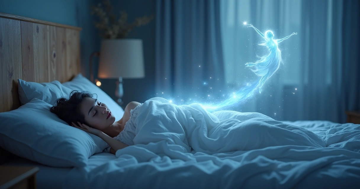 Figura etérea observando uma pessoa dormindo em um quarto tranquilo com luz suave 