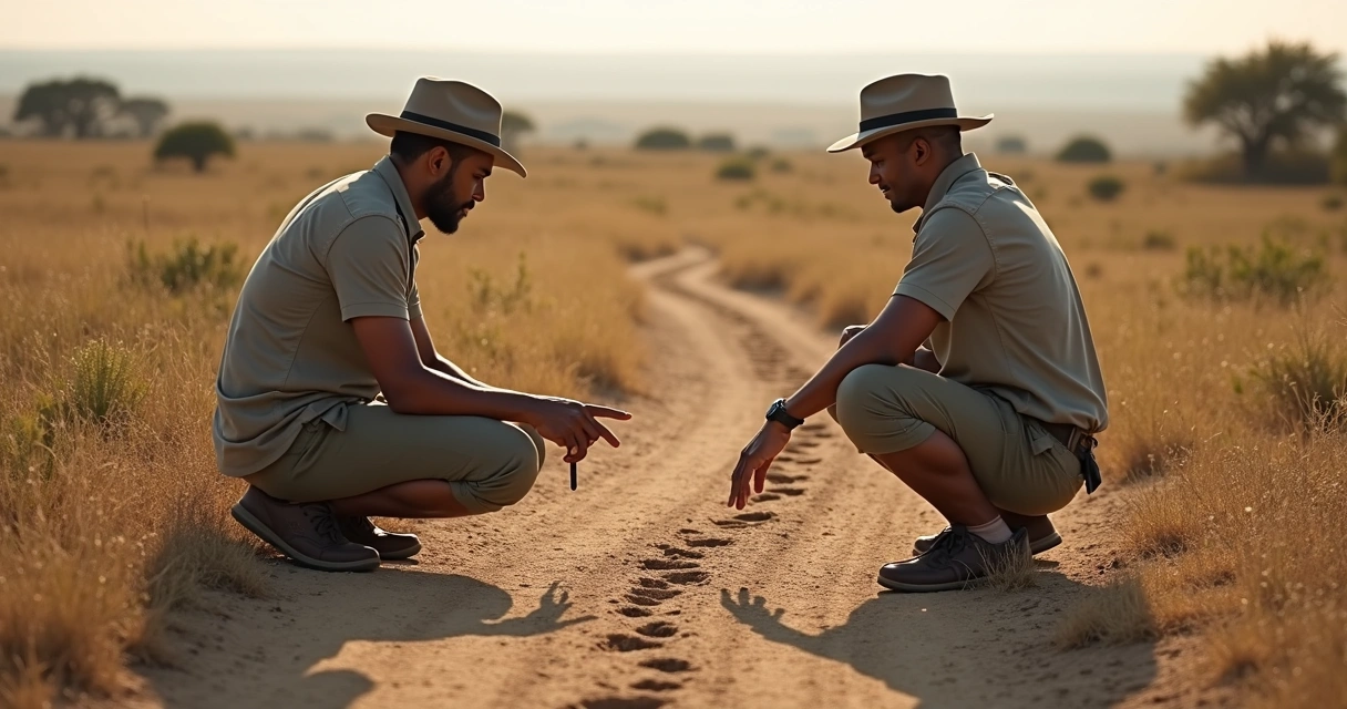 Guia explicando rastros de animais para turistas na savana 
