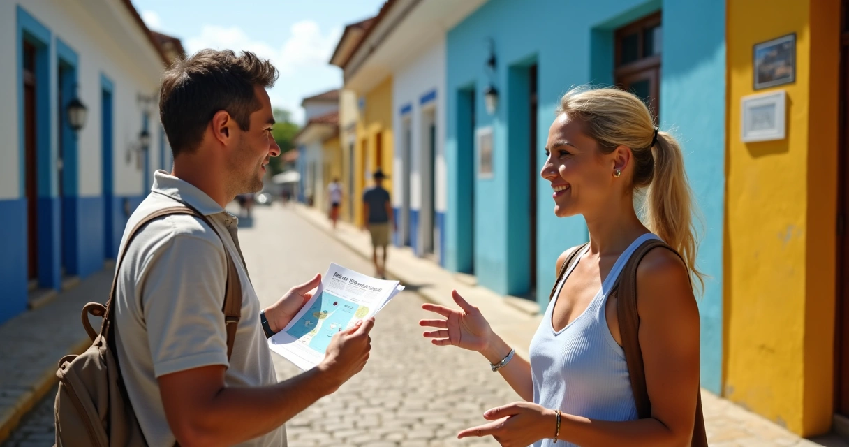 Guia mostrando roteiro visual para turistas em passeio cultural 