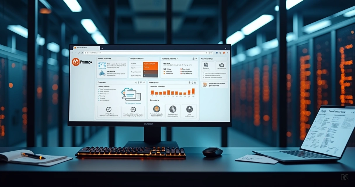 Painel de controle com logo do Proxmox exibindo opções de licenciamento e serviços em ambiente corporativo 