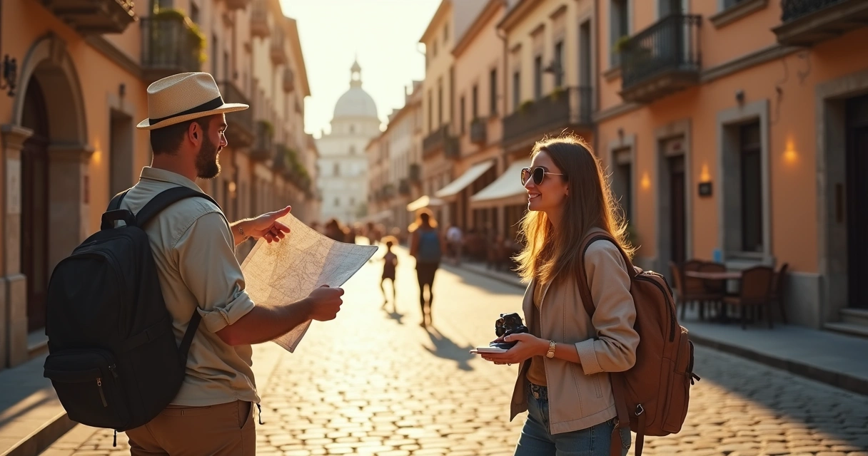 Guia local mostrando mapa para casal de turistas em cidade histórica europeia 