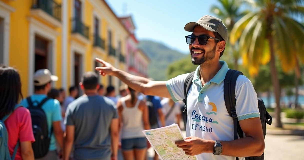 Guia local de turismo com grupo de visitantes em Ilhéus