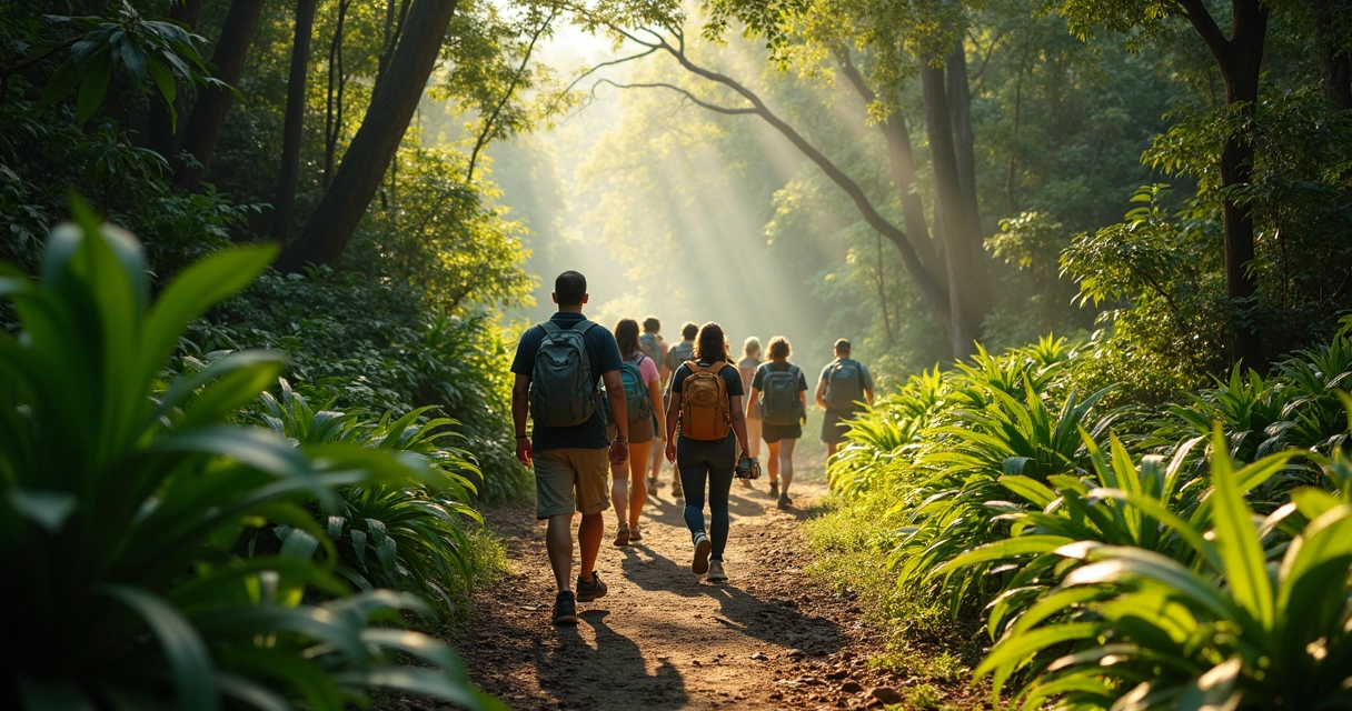 Guia local com turistas em trilha pela natureza do sul da Bahia