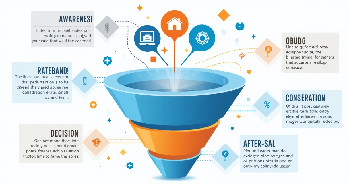 Infográfico colorido detalhando as etapas do funil de vendas digital 