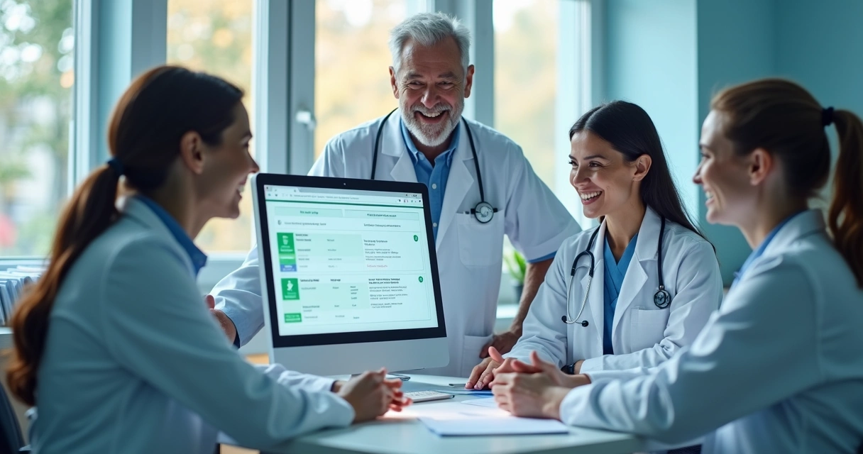 Equipe médica feliz ao receber autorização de guia digital no consultório 