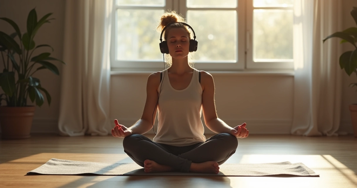 Pessoa sentada de olhos fechados com fones de ouvido, ouvindo meditação guiada 