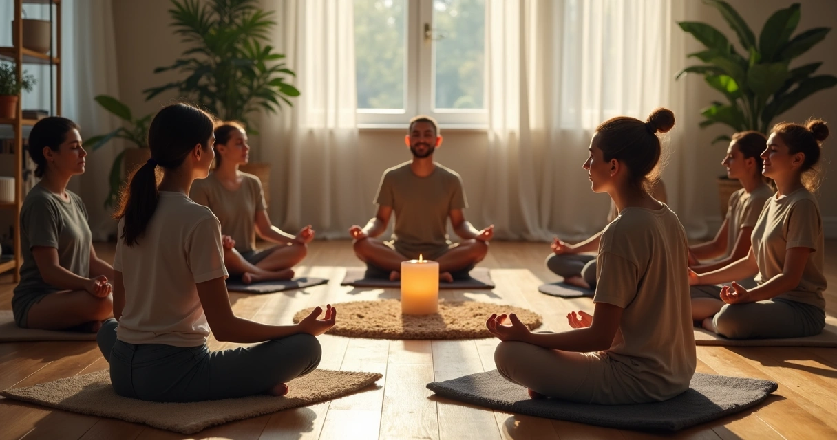 Grupo pequeno sentado em círculo praticando meditação guiada