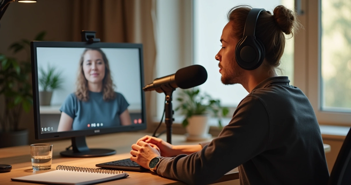 Facilitador guiando una meditación online con auriculares y micrófono