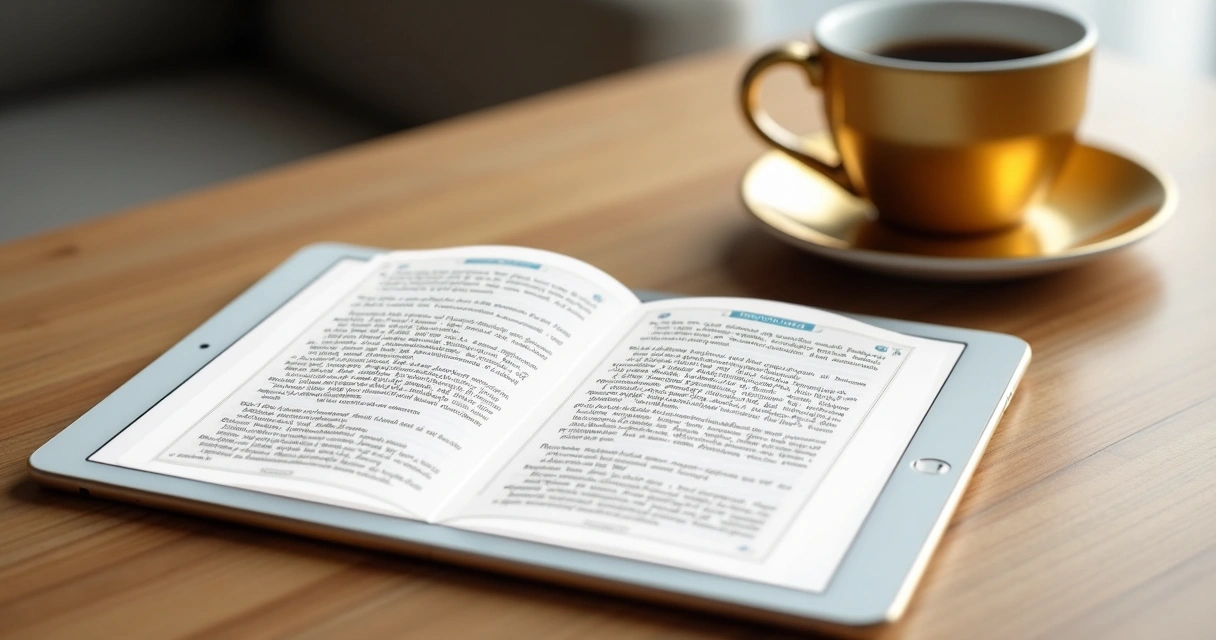 Guia de oração digital aberto em tablet branco com caneca ao lado 