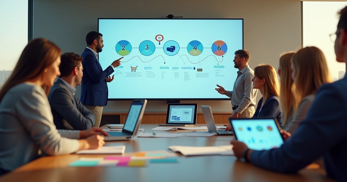 Equipe seguindo fluxo digital de passos para almoxarifado virtual em grande painel 