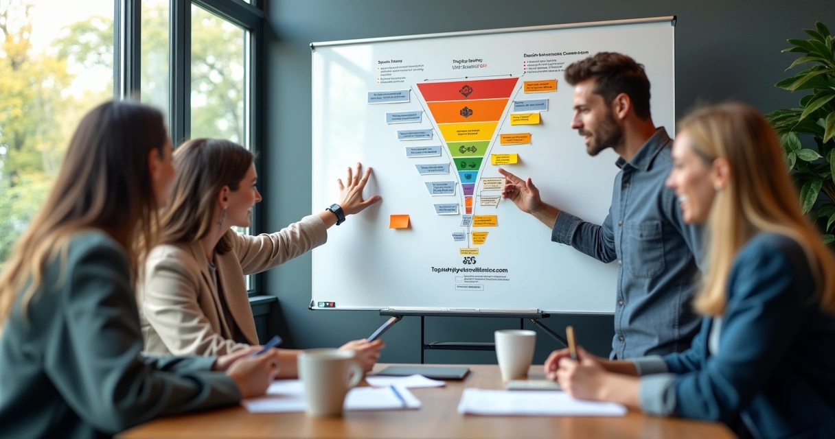 Quadro branco com etapas do funil de vendas, post-its coloridos e gráficos desenhados