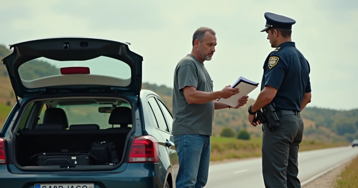 Homem apresentando guia de tráfego para policial em estrada 