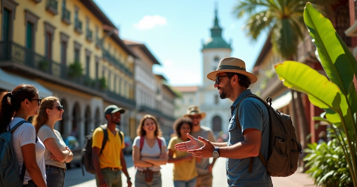 Guia turístico conversando com grupo de turistas 