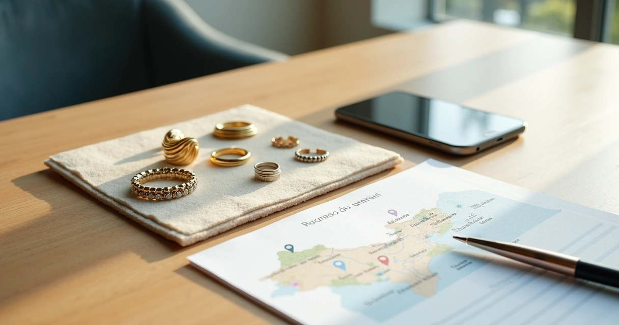 Mesa com joias de ouro e formulário de avaliação ao lado de mapa estilizado do Rio de Janeiro 