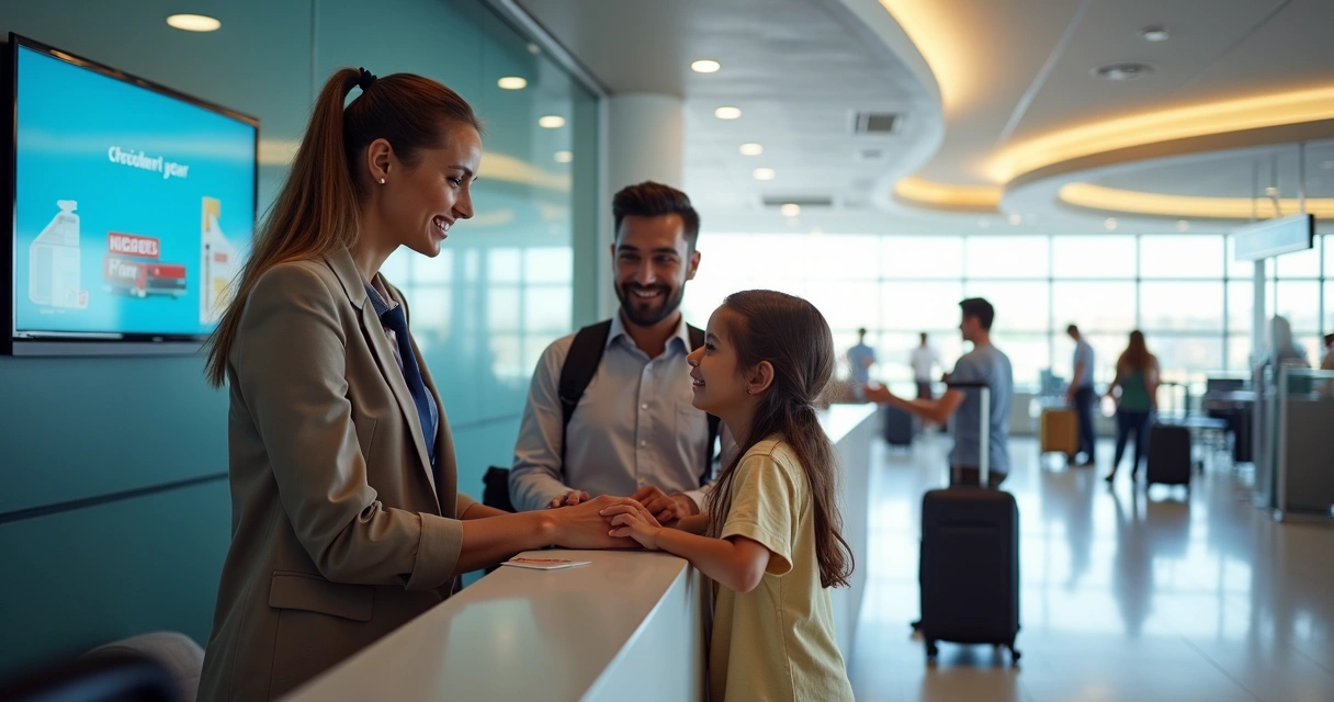 Guichê de locadora no aeroporto de Orlando com atendente sorridente