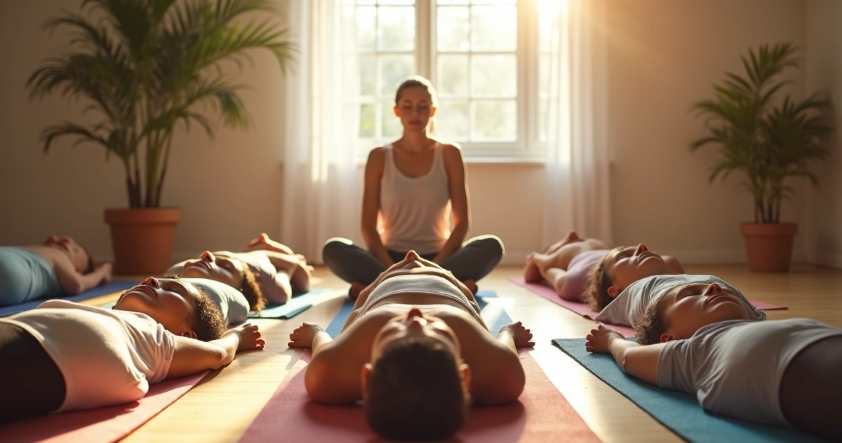 Group doing a guided body scan exercise indoors