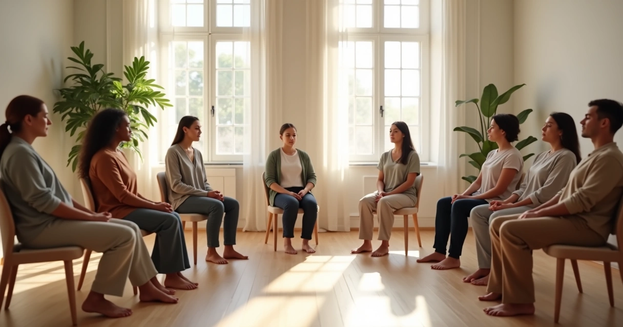 Group practicing a short guided breathing pause together