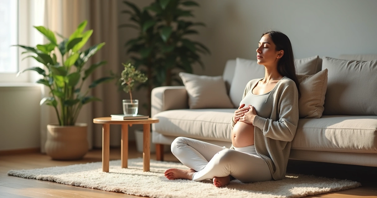 Person practicing calm breathing on a sofa with soft daylight and plants 