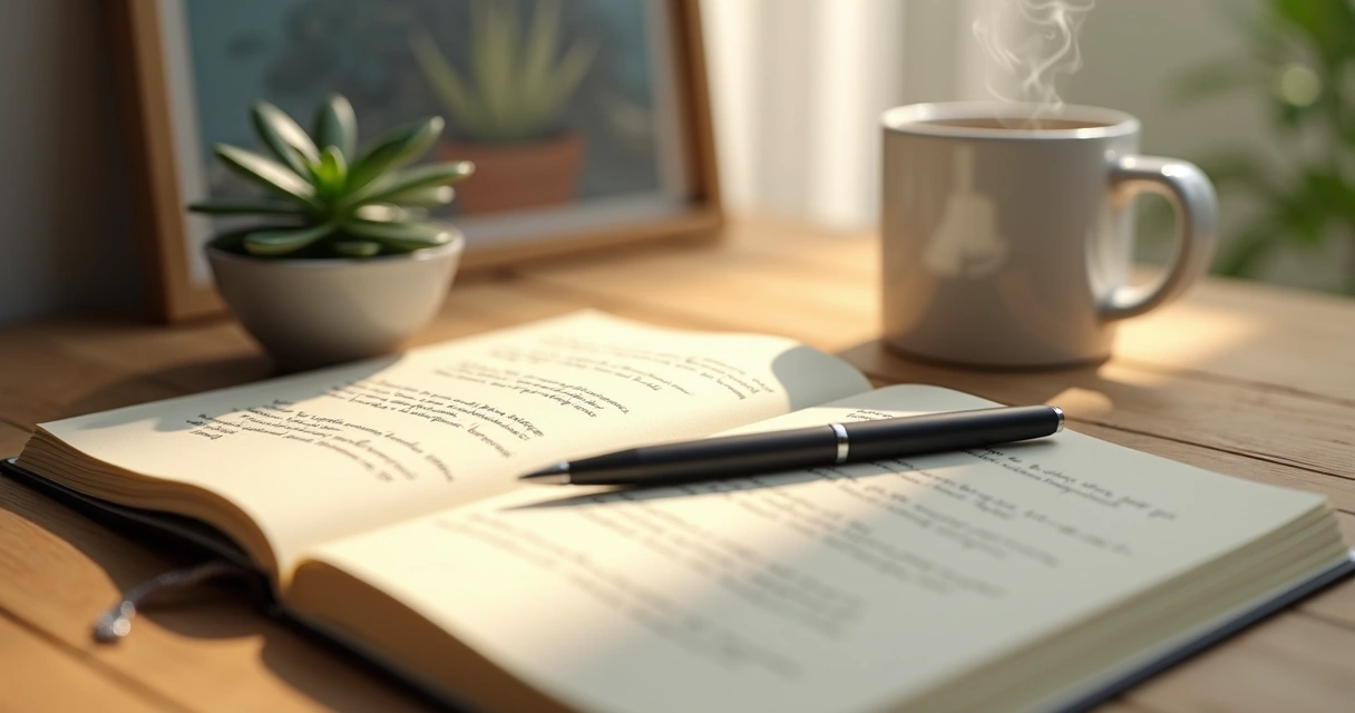 Open journal on a wooden desk with soft morning light and a steaming mug 