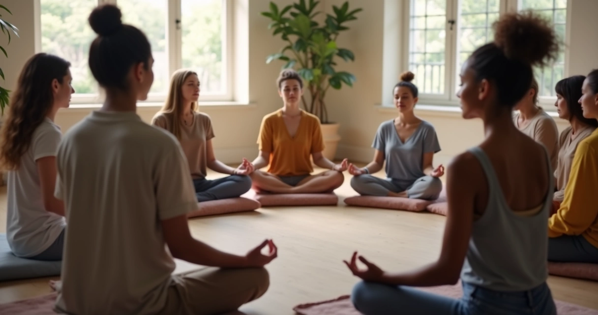 Small group sitting in circle meditating indoors 