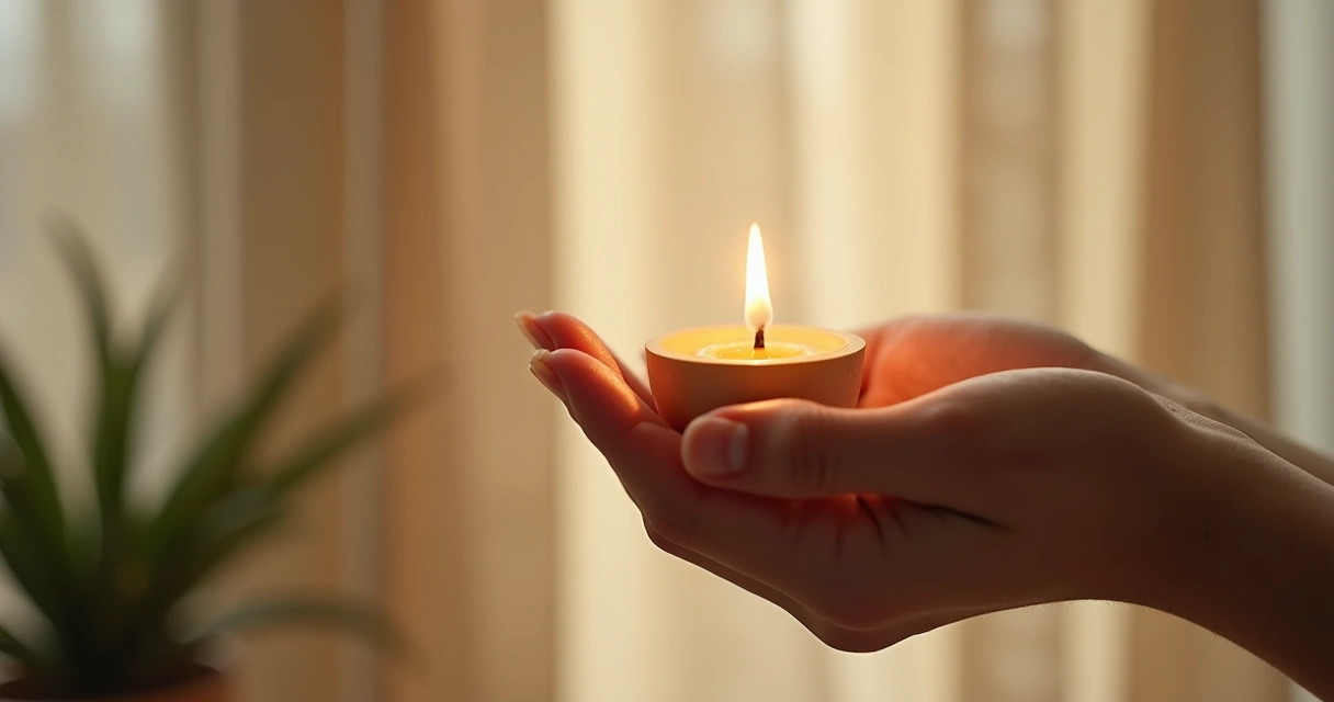 Hand holding a lit candle with a soft-focus background, symbolizing meditation intention. 