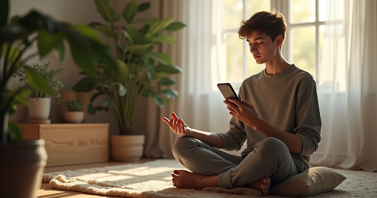 Person using a meditation app in a calm room 