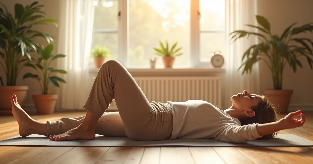 Person lying on their back in a quiet room during a guided constructive rest pose. 