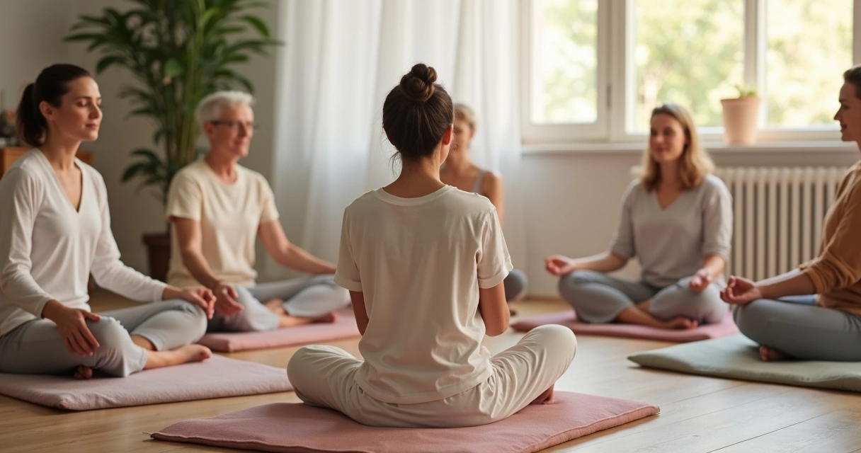 Group visualization session with tranquil setting, people with closed eyes and relaxed postures 